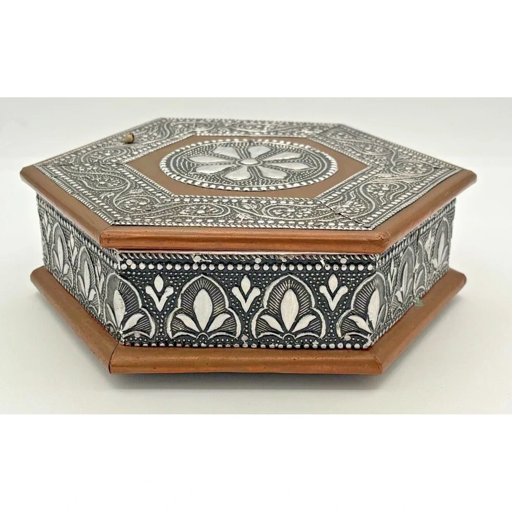 Vintage Embossed Silver Copper & Metal Hexagonal Trinket Box‎ 4 Compartment